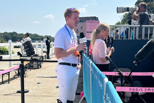 Derry showjumper Daniel Coyle chats to the media after helping Team Ireland reach the final with a clear round on 'Legacy'. (Photo: Eamonn McGowan)