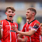 Derry City teenager Tiernan McGinty celebrates his first goal for the club with fellow Donegal man Ronan Boyce. photograph by Kevin Moore.