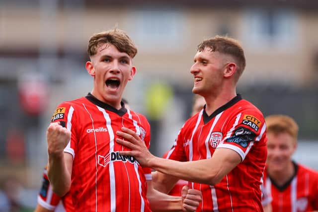 Derry City teenager Tiernan McGinty celebrates his first goal for the club with fellow Donegal man Ronan Boyce. photograph by Kevin Moore.