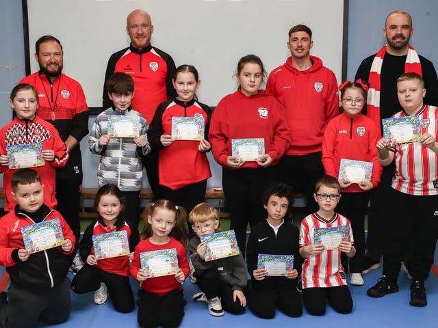 Derry City players Gavin Whyte & Liam Boyce visiting Greenhaw PS in the run up to their IFA Cup final against Waterford. (Photo - Tom Heaney, nwpresspics) : .