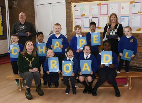 Mayor Grace Uí Niallais celebrates with Chapel Road Primary School on winning Primary School of the Year- County Derry and School Support Staff Member of the Year award at the Local Women Magazine Education Awards, included in the photo is Derek McCallion, award recipient, and Principal Ciara Barrett.(Photos-Kerrie Quinn, nwpresspics)