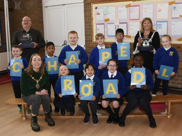 Mayor Grace Uí Niallais celebrates with Chapel Road Primary School on winning Primary School of the Year- County Derry and School Support Staff Member of the Year award at the Local Women Magazine Education Awards, included in the photo is Derek McCallion, award recipient, and Principal Ciara Barrett.(Photos-Kerrie Quinn, nwpresspics)