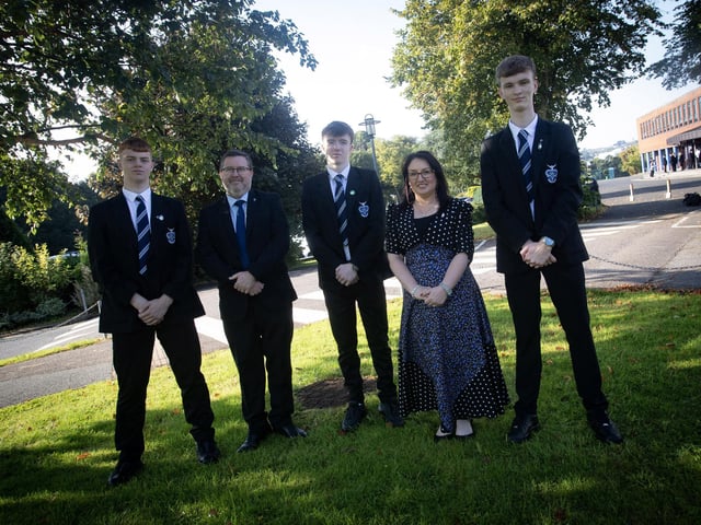 St. Columb's College Top GCSE prizewinners in one subject pictured with Mr. J. Johnston, Vice Principal and Mrs. Caroline McLaughlin, Principal on Friday morning last. From left are Charlie Green, Physical Education, Aodhan Sheerin, The Father Philip Donnelly Prize for History, and Aaron O'Doherty, The Sean McGonagle Trophy for Irish.