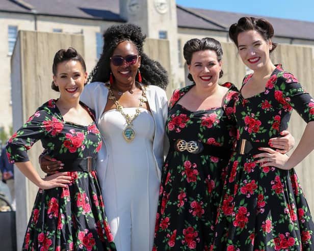 BoA Battle of the Atlantic 80th Anniversary event at Ebrington Square, Derry.   The Mayor of Derry and Strabane, Councillor Lilian Seenoi-Barr with the Swingtime Starlets.   Credit ©Lorcan Doherty