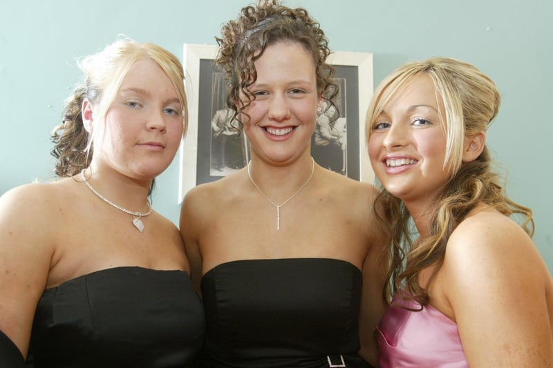 Belles of the ball......  Tara Harkin, Cathy Sharkey and Karen McIntyre enjoying St. Colman's HS formal.  (0903JB08):Attendees at the formal in Strabane in April 2004