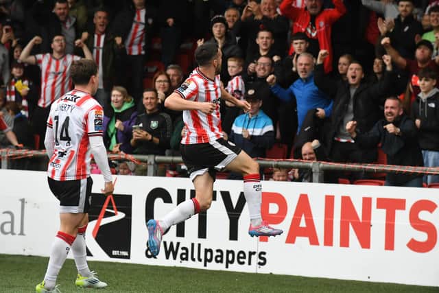 Michael Duffy celebrates giving Derry City the lead in the FAI Cup quarter-final tie against Shelbourne at Brandywell. Photograph by George Sweeney.