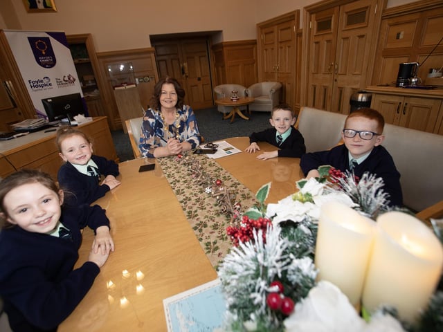 DEMOCRACY WEEK. . . . .Long Tower PS pupils Hannah, Fay, Cahir and Jake during their 'Democracy Week' visit to the Guildhall on Thursday, as they asked questions about how the Council works and the Mayor's duties. (Photo: Jim McCafferty Photography)
