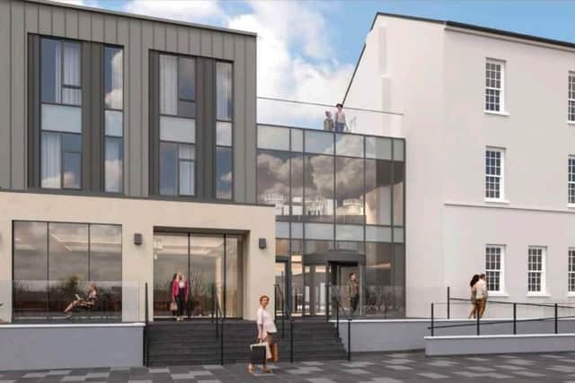 The atrium link between the Clock Tower and the new build section of the Ebrington Hotel as it currently exists.