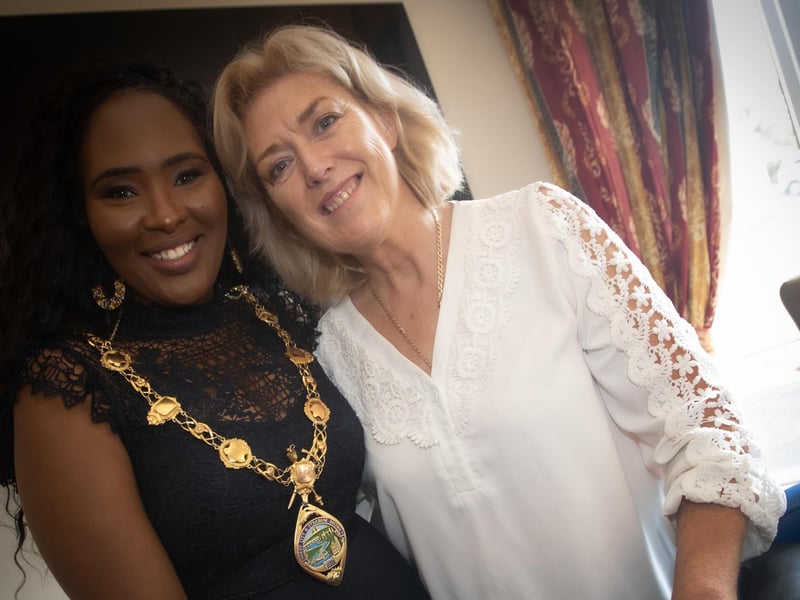 Entertainment provider at Thursday's Longfield Care Home's 25th anniversary celebrations, Monica McGuigan, pictured with the Mayor, Lillian Seenoi-Barr.