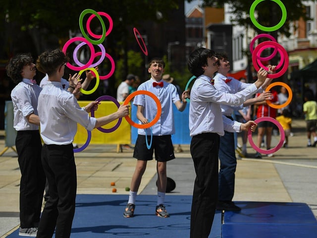 IYSC Youth Circus performance in Guildhall Square during the Carnival of Colours festival. Photo: George Sweeney