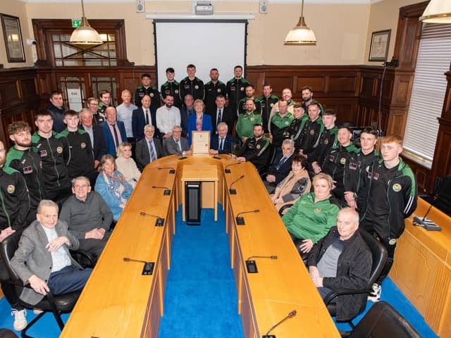 Donegal County Council honoured Cockhill Celtic F.C. on Friday evening with a Civic Reception at the County House, Lifford. Pictured at the reception are club members with Donegal County Council officials. Photo Clive Wasson