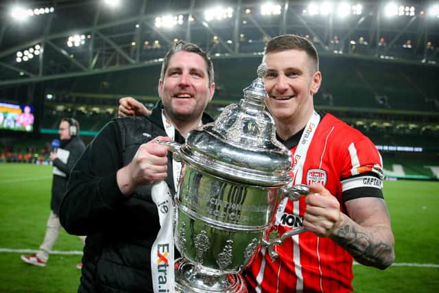 Derry City manager Ruaidhrí Higgins and captain Patrick McEleney celebrate their FAI Cup success, after their win over Shelbourne, in November's final at the Aviva Stadium. Picture by Kevin Moore/MCI