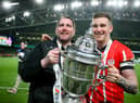 Derry City manager Ruaidhrí Higgins and captain Patrick McEleney celebrate their FAI Cup success, after their win over Shelbourne, in November's final at the Aviva Stadium. Picture by Kevin Moore/MCI