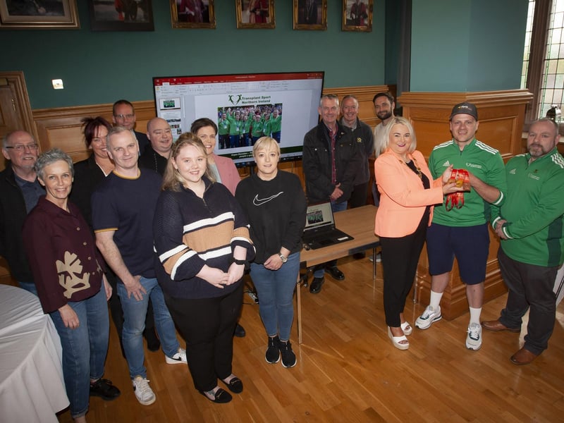 TRANSPLANT SPORT . . . .The Mayor of Derry City and Strabane District Council, Sandra Duffy pictured at the Guildhall on Thursday last to promote the Transplant Sport Northern Ireland. Included are former participants, committee members and sponsors.