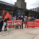Trade unionists form up ahead of the Save Our NHS rally on Saturday.
