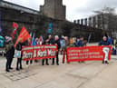 Trade unionists form up ahead of the Save Our NHS rally on Saturday.