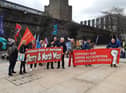 Trade unionists form up ahead of the Save Our NHS rally on Saturday.