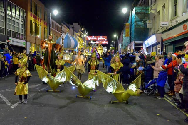 The ‘Golden Geese’, from Studio 2, taking part in the Derry Christmas Lights parade last year. Photo: George Sweeney.  DER2147GS – 003