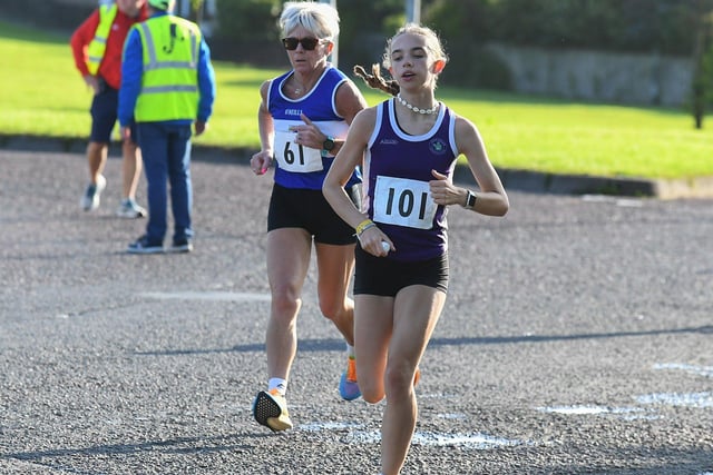 Finn Valley's Ita Kelly (61) and Cara Doran (101) Foyle Valley. Photo: George Sweeney