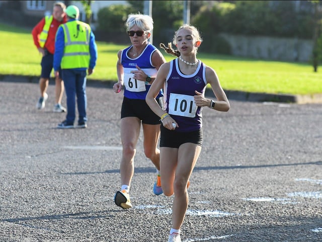 Finn Valley's Ita Kelly (61) and Cara Doran (101) Foyle Valley. Photo: George Sweeney