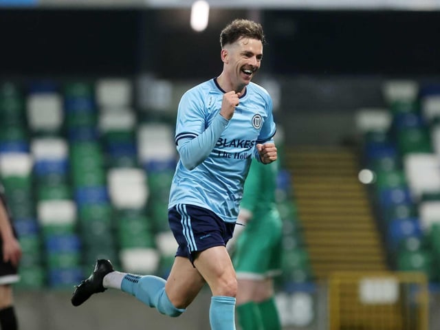 Enniskillen Town United goalscorer James Harrigan celebrates during Friday's fonaCAB Craig Stanfield Irish Junior Cup final at Windsor Park. (Photo: IFA)