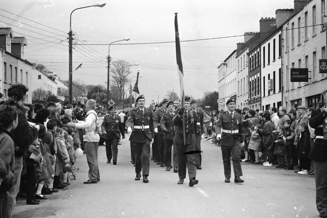 Members of the Defence Forces at the St. Patrick's Day parade in Moville on March 17, 1993.