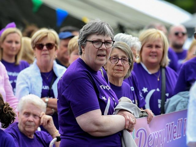 Almost one hundred cancer survivors took part in an inspiring Lap of Honour around St Columb’s running track prior to 40 fund-raising teams beginning the opening laps of the 24 hour Legenderry Relay for Life. Photo: George Sweeney.