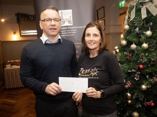 Steven Lindsay, Inner City Trust, pictured handing over a cheque to Margaret Hasson, Zest, at the Bishop's Gate Hotel, Derry on Thursday afternoon last. The event was part of the Inner City Trust's Annual Charity Giving. (Photos: Jim McCafferty Photography)