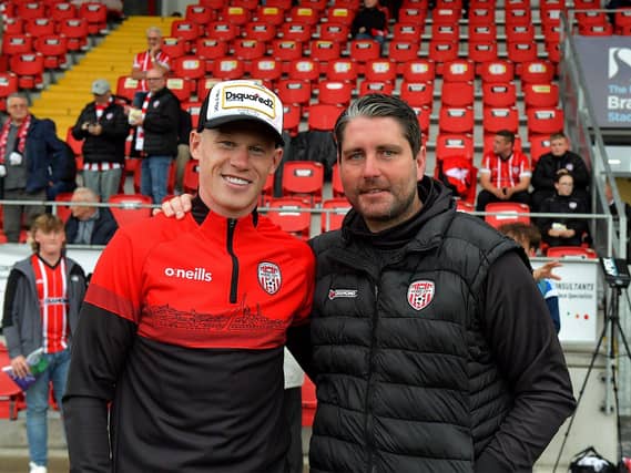James McClean and Ruaidhrí Higgins pictured, at the Brandywell Stadium, on Friday evening. Photograph: George Sweeney. DER2325GS – 66