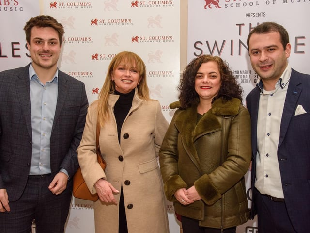 Louis Fields and Nicky Morton, founders of St.Columb’s School of Music pictured with Maureen Fox from Urban Villages and Roisin McLaughlin as they hosted the School’s annual Gala concert in St.Columb’s Hall headlined by the Swingles, Picture Martin McKeown.