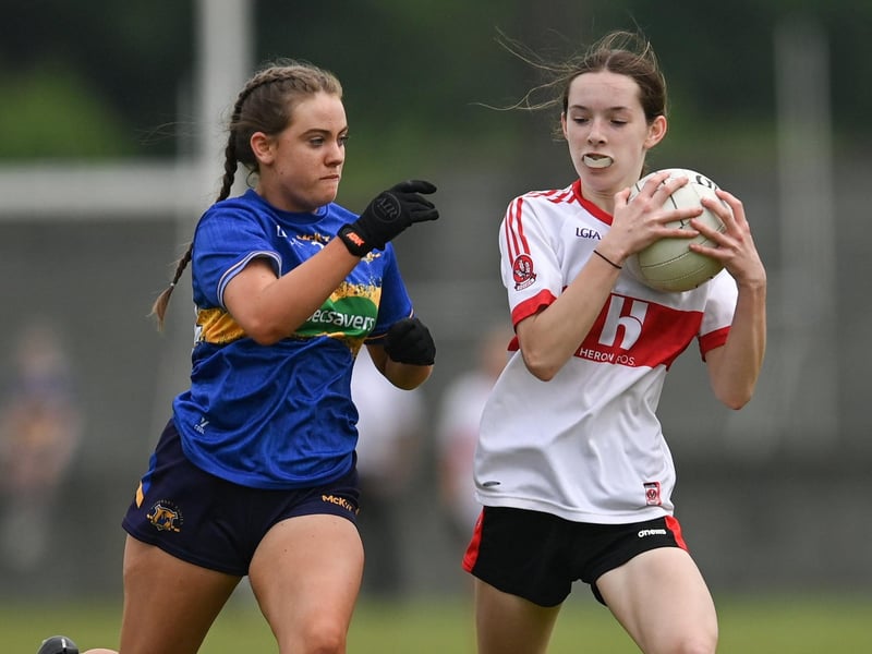 Action from the 2023 All-Ireland U14 Gold Final between Derry and Tipperary at Clan na Gael GAA Club in Dundalk, Louth. Photo by Stephen Marken/Sportsfile