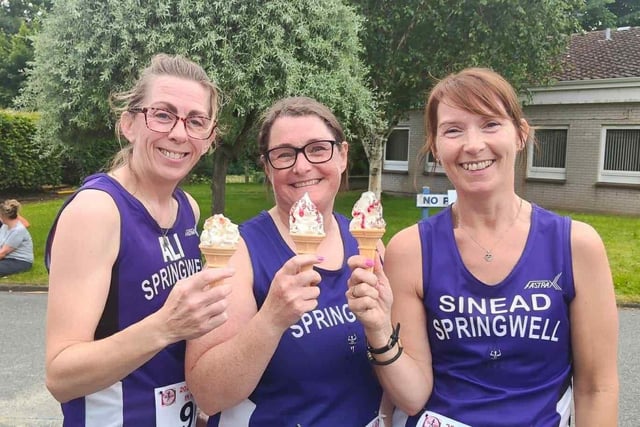 Alison Duncan, Linda McMichael & Sinead Graham cooling down with an ice cream after Stunnerz n Runnerz 5k