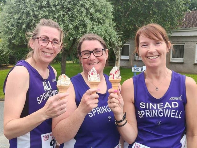 Alison Duncan, Linda McMichael & Sinead Graham cooling down with an ice cream after Stunnerz n Runnerz 5k