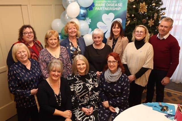 Back L-R : Frances Murphy (Co founder), Tanya Boggs (former Project Officer), Rosemary, Christine Collins MBE (Co founder NIRDP), Rosaline, Anne-Marie, Jan and Conan. Front, Sandra Campbell, (Board Advisor & Coordinator Foyle & NW), Sarah Callaghan and Rhoda Walker.