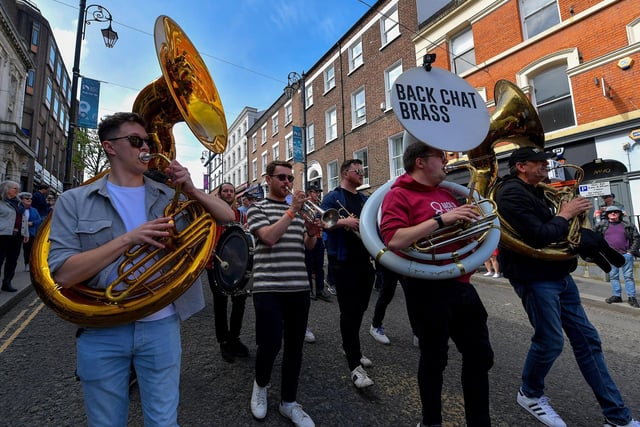The Back Chat Band at Jazz Festival’s Second Line Parade, on Shipquay Street, on Saturday afternoon.  Photo: George Sweeney.  DER2317GS – 141