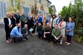 Group pictured at the commencement of the refurbishment of Victoria Hall, Culmore Point, as a multi-service community centre and hub in 2019. Included in the picture is Edward Montgomery, from The Honourable The Irish Society, owners of the property, Cathal Crumley, Secretary, Culmore Community Partnership, Colr Michaela Boyle, Mayor of Derry and Strabane, Neil Doherty, Chairperson, Culmore Community Partnership, contractors, representatives of Derry and Strabane Rural Partnership and local councillors. DER2519GS-005