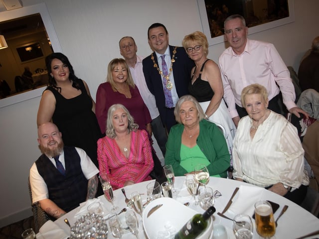 Mayor McHugh pictured with one of the Creggan groups during Saturday night's celebrations in the Maldron Hotel. : .