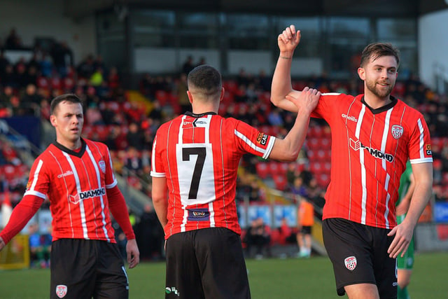 Derry City’s Michael Duffy celebrates his first goal against Finn Harps with Ben Doherty and Will Patching. Photo: George Sweeney. DER2305GS – 37