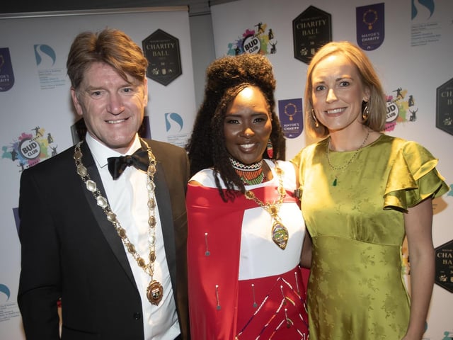 Mayor Lilian Seenoi-Barr pictured with Andrew Fleming, President, Londonderry Chamber of Commerce and Clara Hanley at Friday night's Ball.