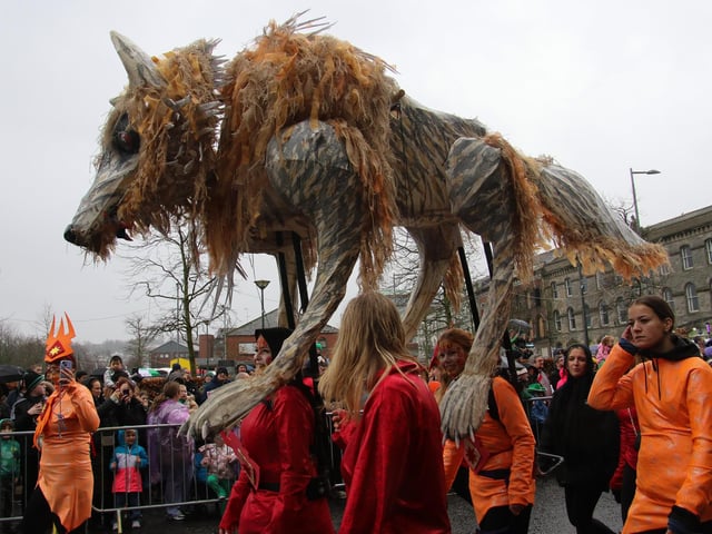 An giant wolf at the St. Patrick’s Day Parade. (Photo - Deirdre Heaney, nwpresspics)
