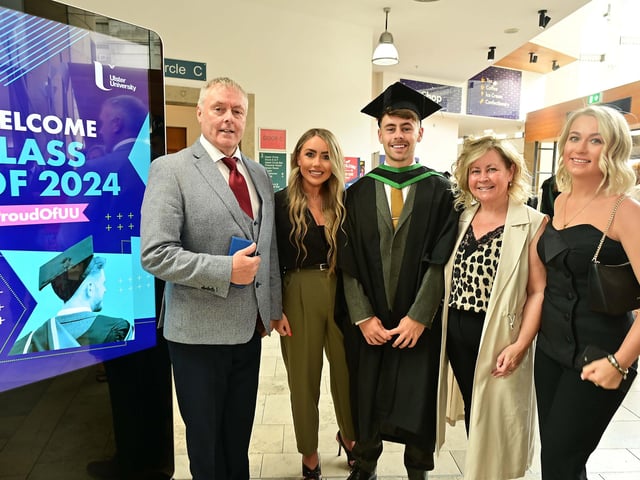 If you can dream it, you can achieve it. Ryan Brolly from Ballymoney graduated from Ulster University Derry in BSc (Hons) Sport, Physical Activity and Health, pictured alongside his family from L to R: Dad David, Sister Nicolle, Ryan, Mum Maxine and Girlfriend Adeina Lucas.