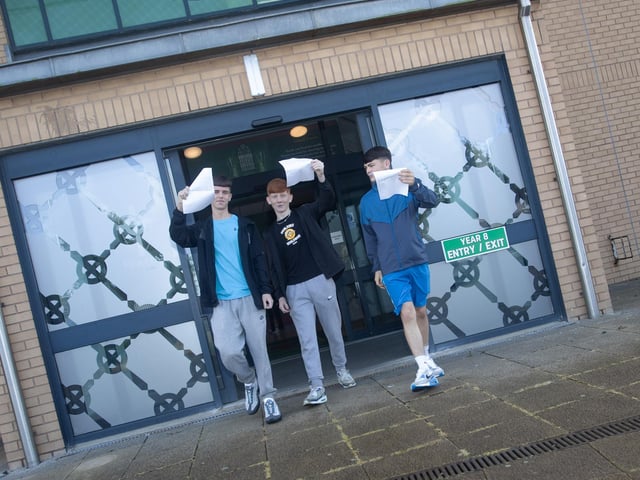 St. Joseph's GCSE students Matthew Harkin, Cormac McDaid and Liam Campbell picking up their results on Thursday.