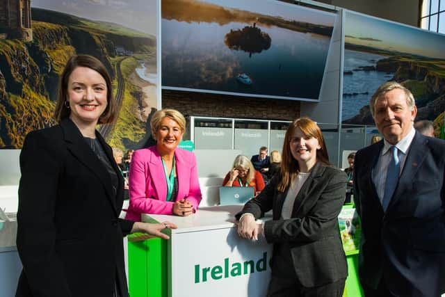 Alice Mansergh, Chief Executive of Tourism Ireland; Karen Henderson, Visit Derry; Economy Minister Dr Caoimhe Archibald; and Christopher Brooke, Chairman of Tourism Ireland, on day one of ITB Berlin.  Pic – Maren Michaelis