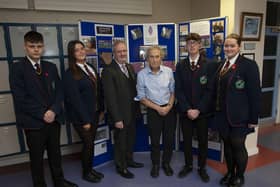 INTERNATIONAL HOLOCAUST MEMORIAL DAY. . . . . .Special guest speaker to mark International Holocaust Memorial Day at Oakgrove Integrated College on Friday last, Steve Wessler, Human Rights Educator pictured with Mr. John Harkin, Acting Principal and students, from left, Jay Burke, Head Boy, Chelsea Hamilton, Deputy Head Girl, Matthew Harrigan, Deputy Head Boy and Tia Kincaid, Head Girl. (Photos: Jim McCafferty Photography)