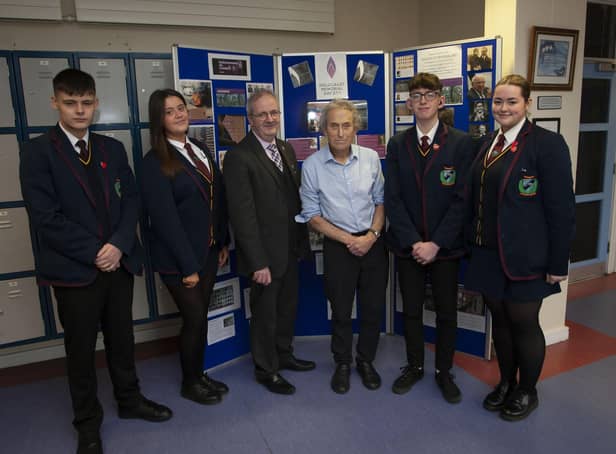 INTERNATIONAL HOLOCAUST MEMORIAL DAY. . . . . .Special guest speaker to mark International Holocaust Memorial Day at Oakgrove Integrated College on Friday last, Steve Wessler, Human Rights Educator pictured with Mr. John Harkin, Acting Principal and students, from left, Jay Burke, Head Boy, Chelsea Hamilton, Deputy Head Girl, Matthew Harrigan, Deputy Head Boy and Tia Kincaid, Head Girl. (Photos: Jim McCafferty Photography)