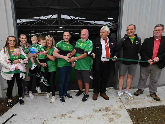 Members of the O’Donnell family officially open the Aodan O’Donnell Gym at Na Magha CLG. Included in the photograph are Charlie Bonner, County Derry GAA development officer , Eamon Harkin, Na Magha chairman and David Flood, Na Magha club president. Photo: George Sweeney