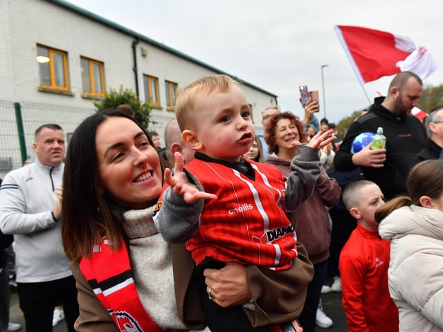 Derry City fans at the Brandywell Stadium on Saturday morning prior to the team’s departure for Dublin ahead of Sunday’s FAI Cup Final against Drogheda United. Photograph: George Sweeney
