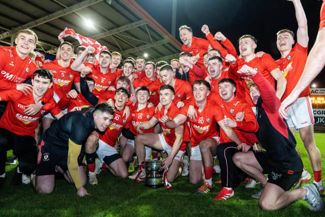 Magherafelt celebrate with the cup after the Derry County Senior Club Football Championship final match between Magherafelt and Newbridge at Find Insurance Celtic Park in Derry. Photo by Matthew Harvey/Sportsfile