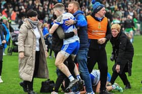 Ballinderry's Aaron Mullan and fans celebrate the Derry IFC final replay win over Faughanvale at Owenbeg. Photo: George Sweeney