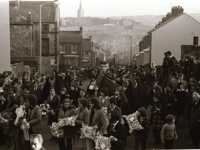 The third anniversary of Bloody Sunday is marked in Derry in January 1975.